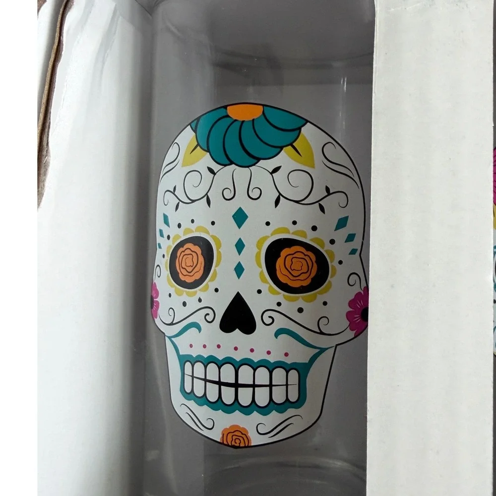 Paper Source Sugar Skull Glasses Set of Four 8 oz Dia de los Muertos Tumbler New